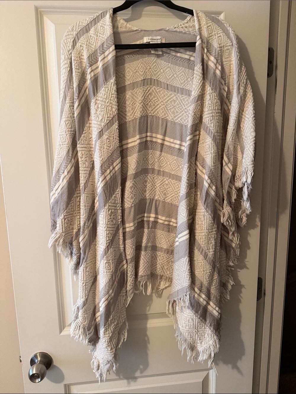 Francesca's Collections Gray and Cream Fringed Throw Poncho